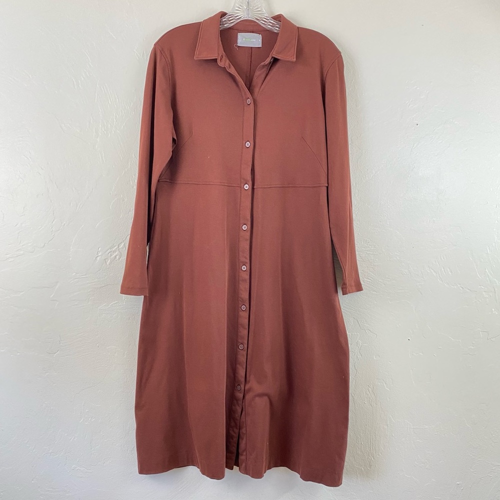 Everlane Size Medium Brown Jersey Cotton Knit Button Down Full Sleeve Midi Dress
